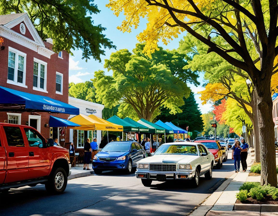 A scenic view of Gardner, showcasing diverse vehicles parked along a colorful street lined with trees, with a friendly insurance agent discussing options with a family. Include vibrant banners featuring the words 'Affordable Vehicle Coverage' fluttering in the breeze, and a backdrop of the town's notable landmarks like the courthouse. super-realistic. vibrant colors. cheerful atmosphere.