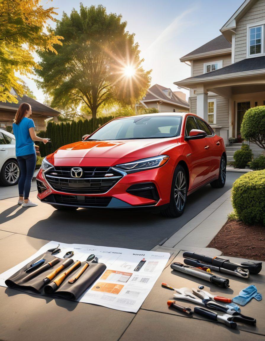 A stylish car parked in a suburban driveway with a protective cover partially removed, surrounded by tools and accessories like wax, tire shine, and budgeting sheets, representing cost-efficient car protection. A family happily discussing maintenance tips in the background with a sunny sky. vibrant colors. super-realistic.