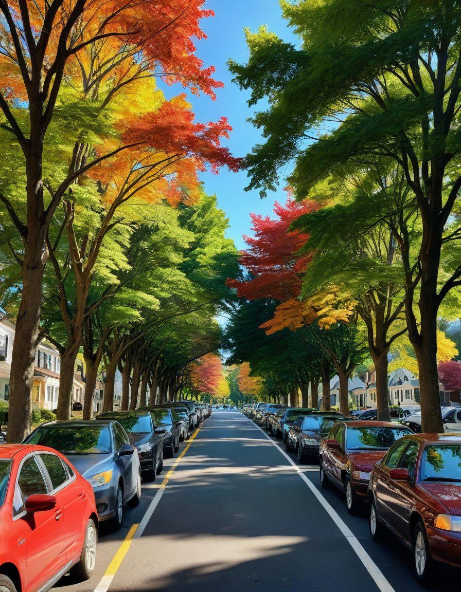 A cozy street in Gardner, Massachusetts, showcasing diverse cars parked along a picturesque tree-lined avenue. Overlay text featuring a padlock symbol and the words 'Affordable Car Insurance' bursting like a sunbeam, suggesting secrets to unlock. The scene conveys warmth and accessibility, emphasizing community and reliability. Bright colors to attract attention. super-realistic. vibrant colors. 3D.